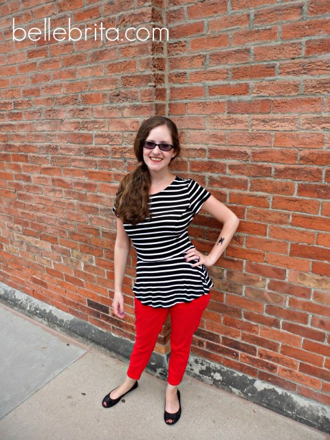 striped peplum top red skinny jeans