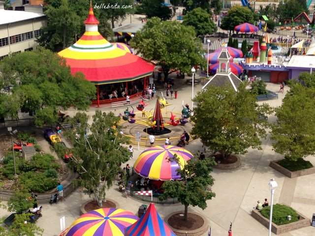 Birds-eye view of Cedar Point, showing trees and rides