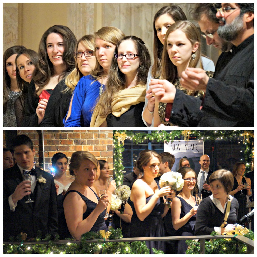 Bridesmaids at the rehearsal, and bridesmaids at the wedding reception. Our bride was wonderful to us!