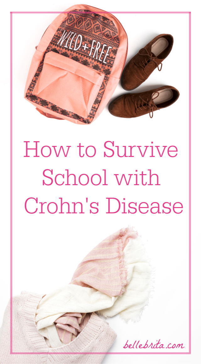 Pink backpack, brown shoes, pink and white clothing. Text overlay reads: "How to Survive School with Crohn's Disease"