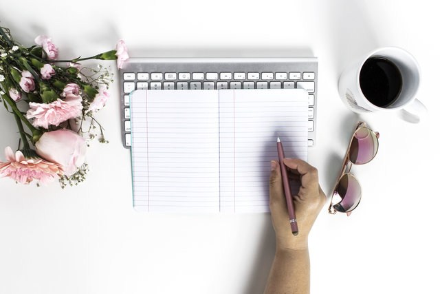 Pink Flowers, Notebook, Hand, Sunglasses, Coffee Mug flat lay