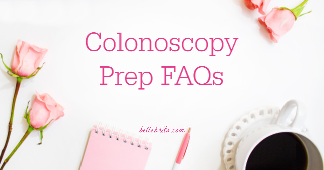 Pink tulips, pink notebooks, coffee cup, text overlay reads: "Colonoscopy Prep FAQs"