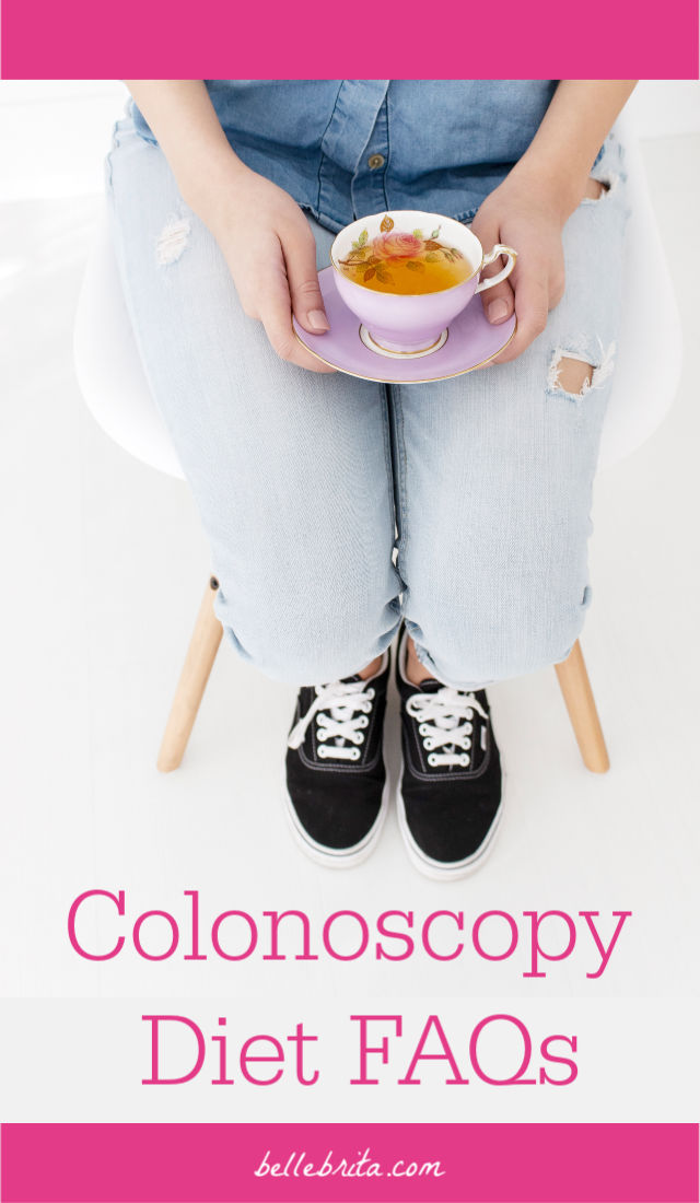 Woman holding a cup of tea. Text overlay reads: "Colonoscopy Diet FAQs"