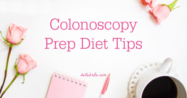 Pink tulips, pink notebooks, coffee cup, text overlay reads: "Colonoscopy Prep Diet Tips"