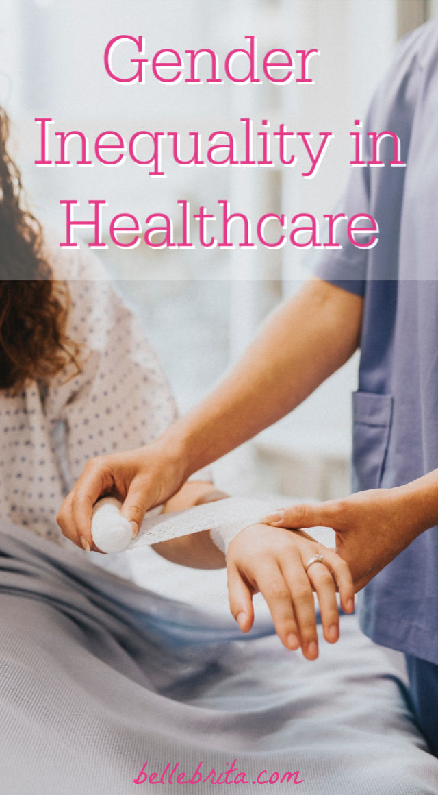 Doctor treating female patient. Text overlay reads: "Gender inequality in healthcare"