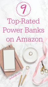 Flat lay of smart phone, notebook, pencils, scissors, ribbon. Text overlay reads: "9 Top-Rated Power Banks on Amazon"