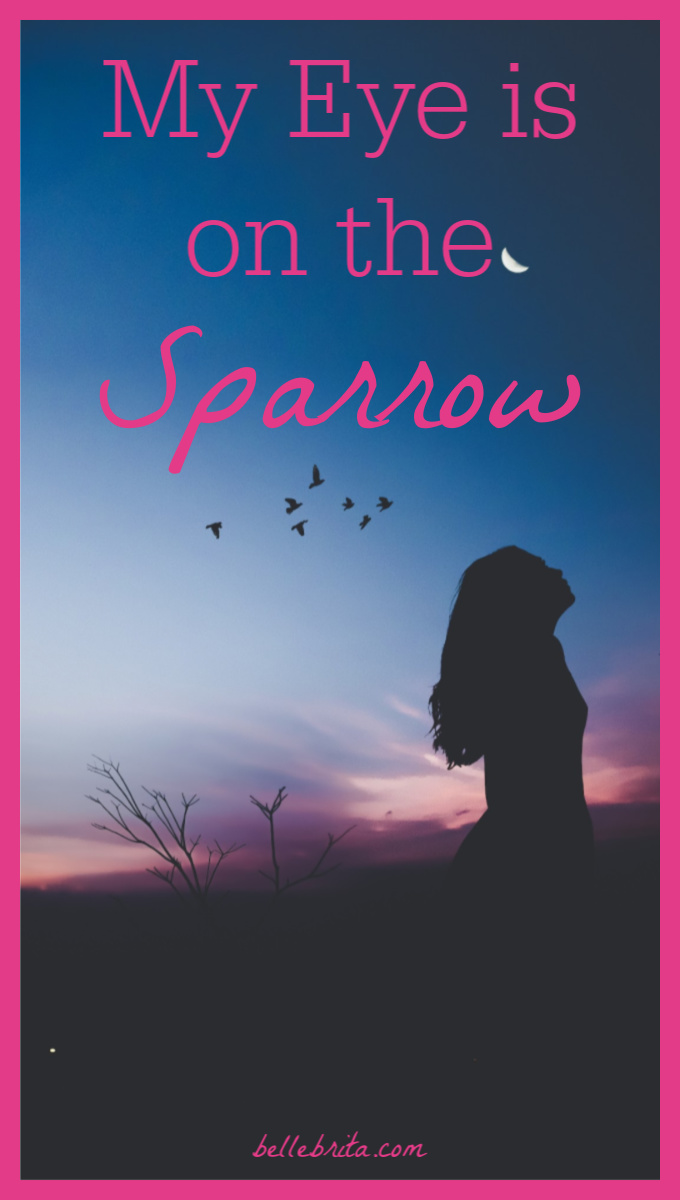 Silhouette of woman against sunset, birds in the sky. Text overlay reads: "My Eye is on the Sparrow"