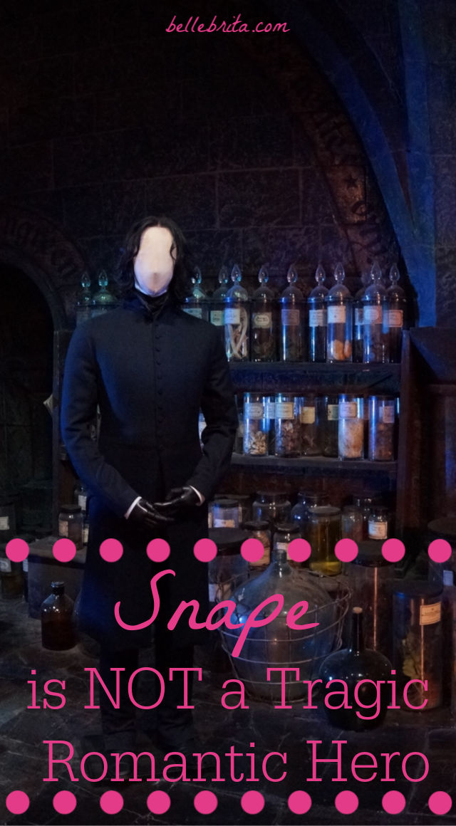 Costume of Severus Snape against film set of Potions classroom. Text overlay reads: "Snape is NOT a Tragic Love Hero'