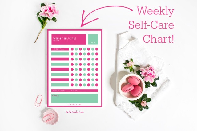 Pink and white flat-lay with a mock-up of a self-care tracking chart. Text overlay reads: "Weekly Self-Care Chart!"