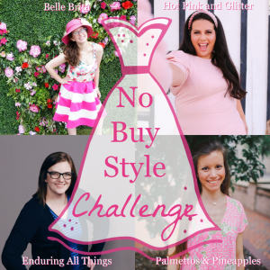 Square graphic featuring four white women with a transparent dress-shaped overlay. Text overlay reads: No Buy Style Challenge