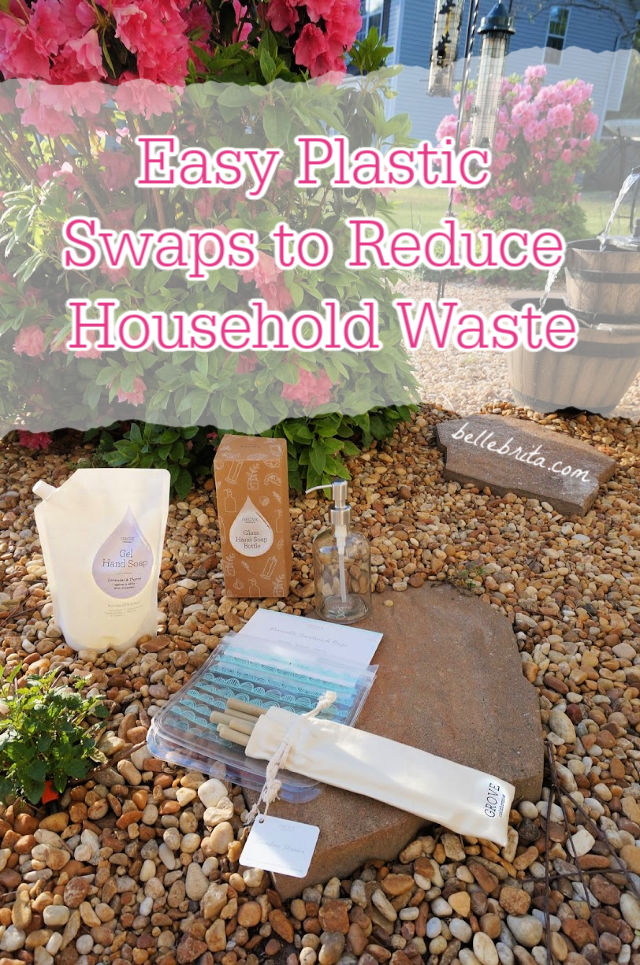 Image of household products outside in front of an azalea bush. Text overlay reads: "Easy Plastic Swaps to Reduce Household Waste"