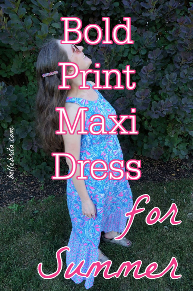 Image of woman in dress. Text overlay reads: "Bold Print Max Dress for Summer"