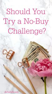 Flat lay with a pink flower and a stack of cash. Text overlay reads: "Should You Try a No-Buy Challenge?"